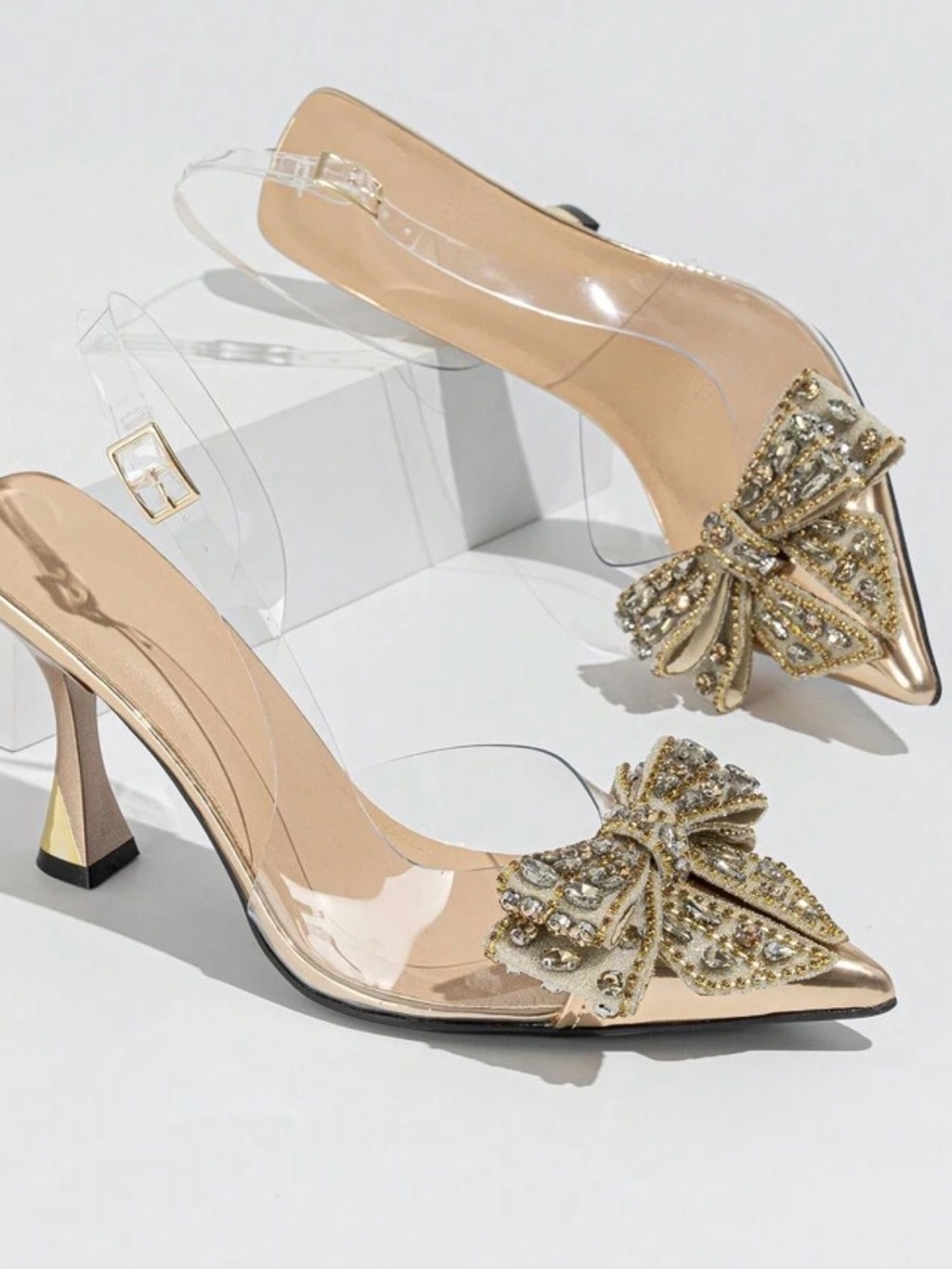 Elegant Pearl-Embellished Bow Slingback Heels - Nude